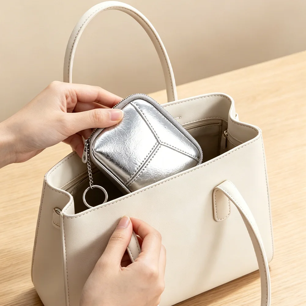 Shiny Japanese Style Leather Coin Purse with Keyring,Glossy Genuine Leather Zipper Pouch for Coins,Cards,Lipstick & Keys Storage