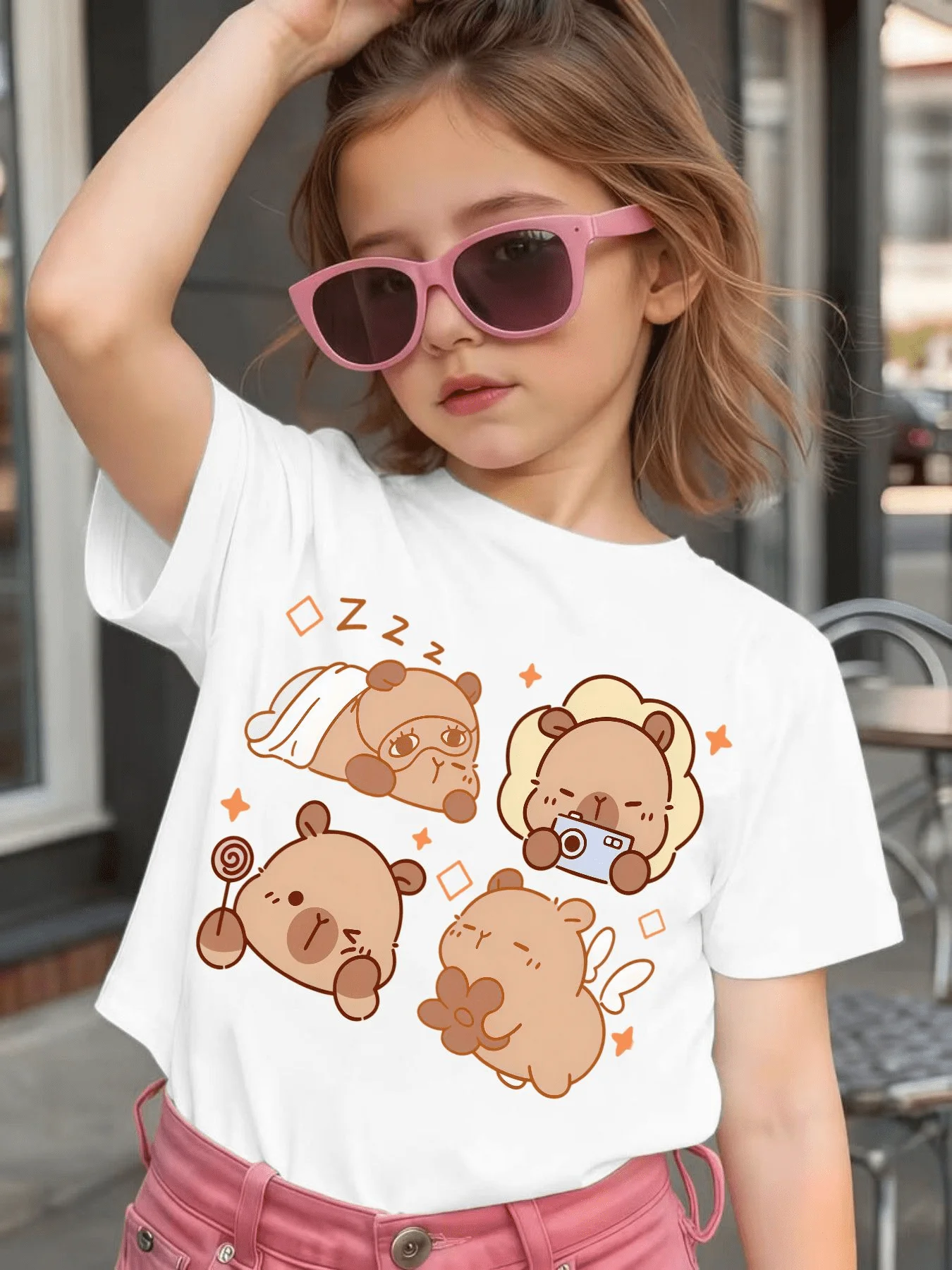 Cute Capybara Multiple Cartoon Graphic Kids Tee Boys Girls Family Matching Cotton Crew Neck Short Sleeve Soft Summer Tee