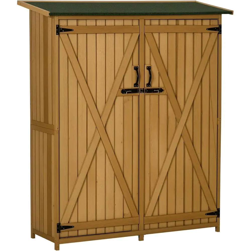 Outdoor Storage Cabinet Waterproo Asphalt Rood Lockable Natural | Wooden Garden Shed Utility Tool Organizer, 3 Tier Shelves, or