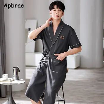 Apbrae Yeni Yaz erkek Yumuşak Pamuklu Bornoz Koyu Gri Yarım Kollu Katı Elbise Büyük Boy 4XL Moda Zarif Kimono Beyefendi için