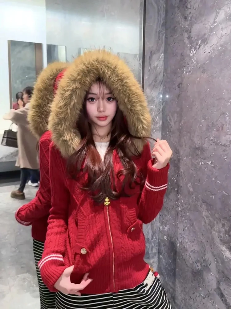 Red Hooded Slim Fit Long Sve Knitted Cardigan Women's Autumn Winter Faion Lazy Sle Polyester Fiber Open Front Sweater