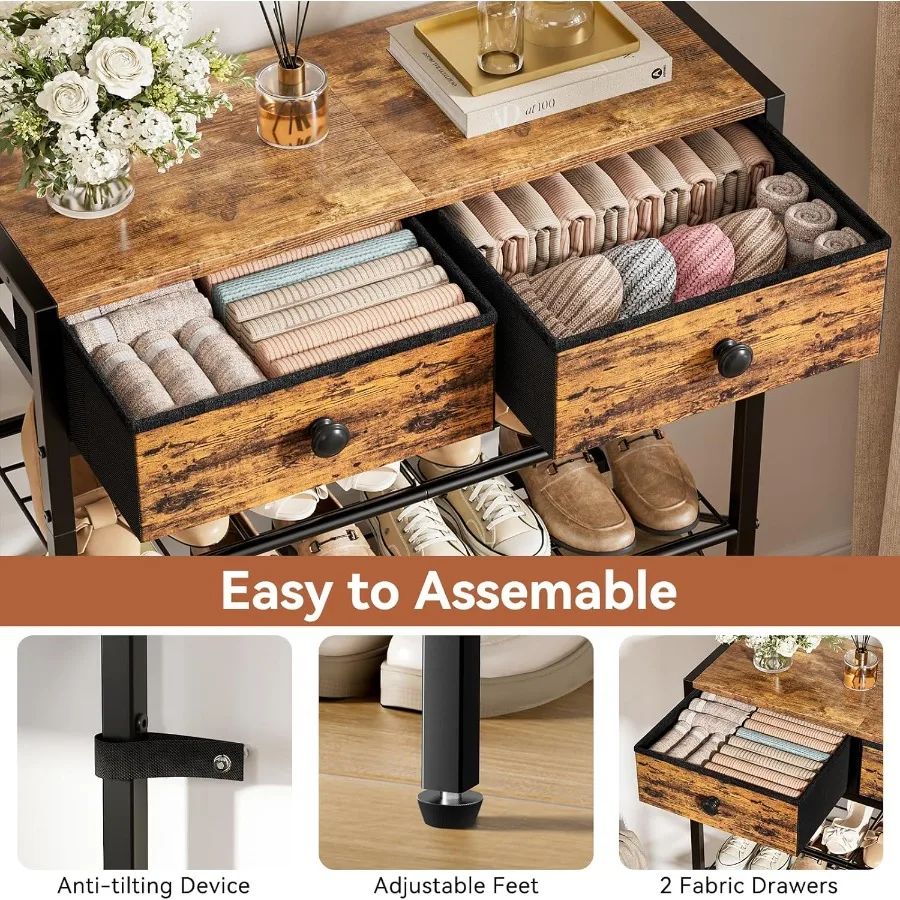 현관용 5단 신발장, 부직포 서랍 2개 포함, 16-20켤레 신발 수납 가능, 나무 상판 및 철제 프레임