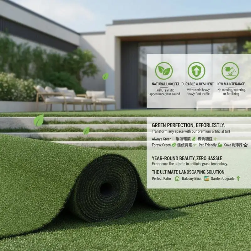 Gazon artificiel vert 0,5×5 m hauteur 7-9 mm en PP résistant aux UV. Sous-couche en caoutchouc SBR souple, facilement découpable pour balcon, terrasse et espace pour animaux, sans entretien.