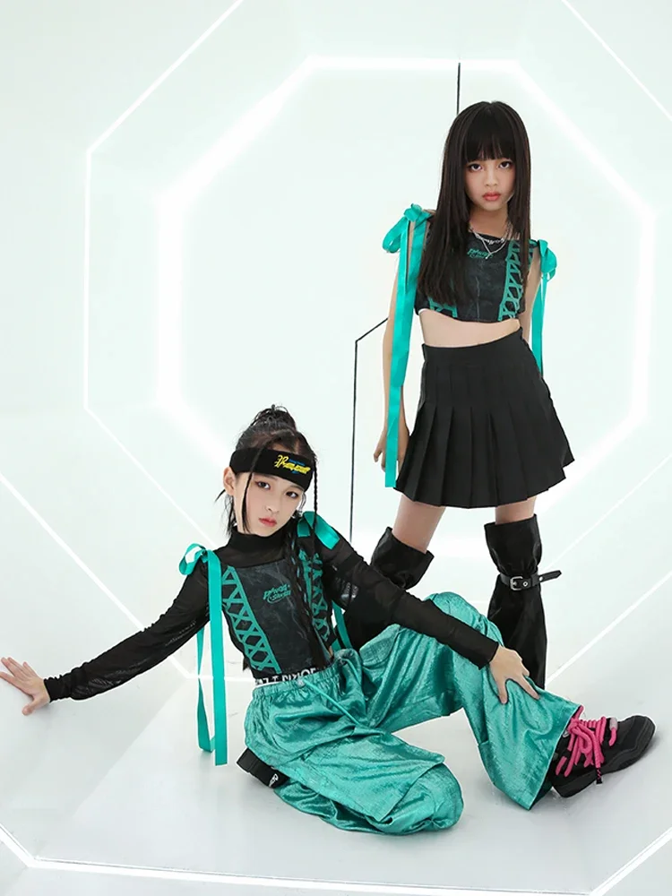 Meninas Roupas de Desempenho Hip Hop, Tops de Mangas Compridas, Calças Verdes, Roupa de Dança de Rua, Moda Infantil