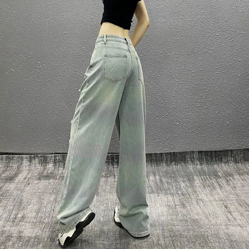 Calça jeans feminina de cintura alta solta com zíper, bolsos de botão, borla colorida, buraco, roupa feminina da moda jovem, nova, outono, 2024