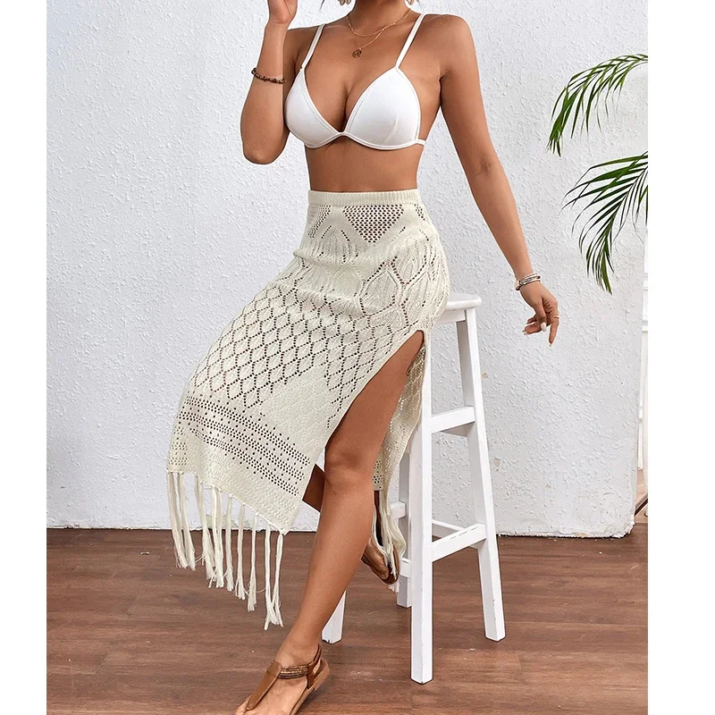 Women Knitted  Skirts Sexy High Slit Tassel Cover-Up Beach Summer Vacation Wrapped Skirt Bikini Cover Up