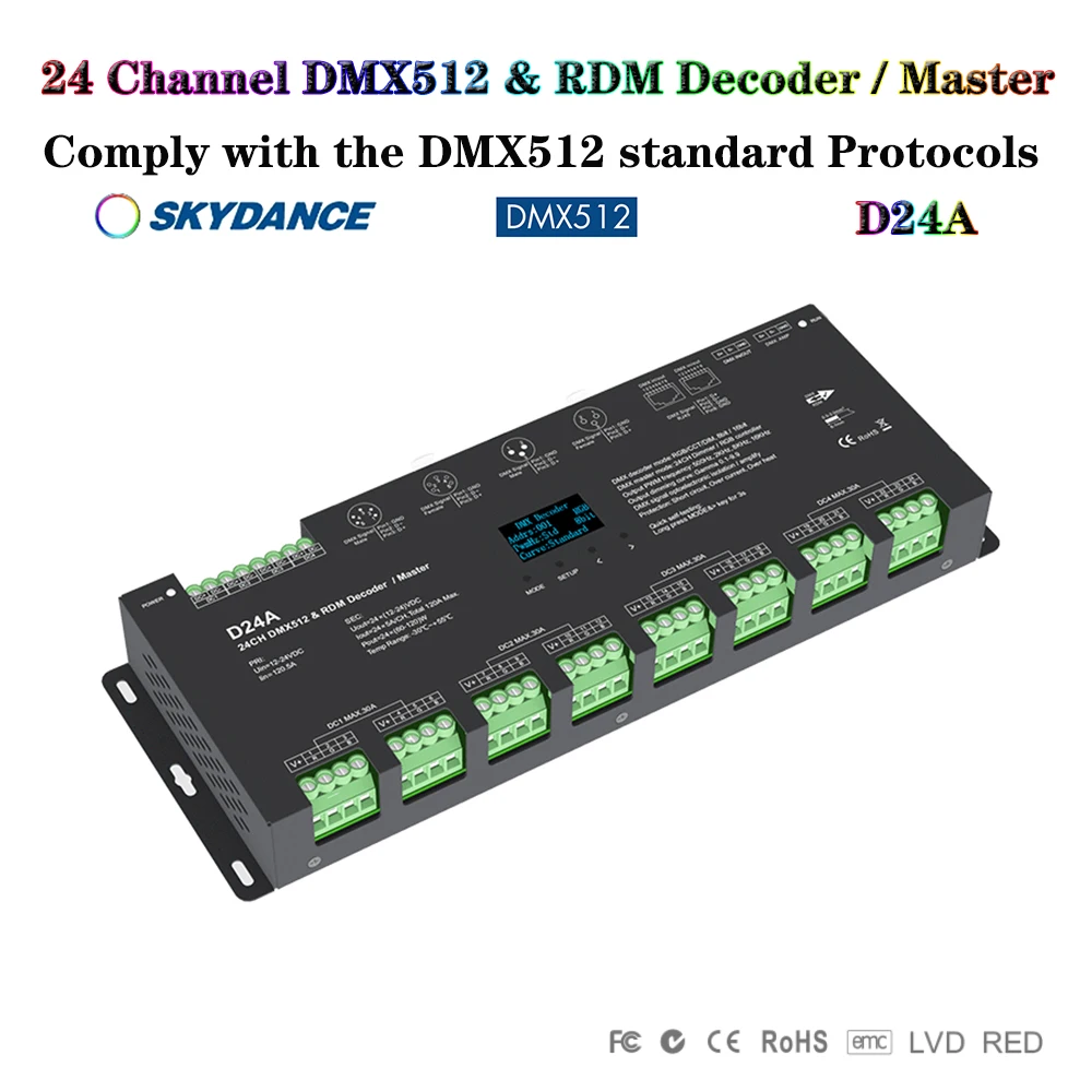 Skydance D24A DC12-24V 24 Channel OLED Display Controller DIM/CCT/RGB Strip Dimmer Stage light RDM DMX512 Decoder Master