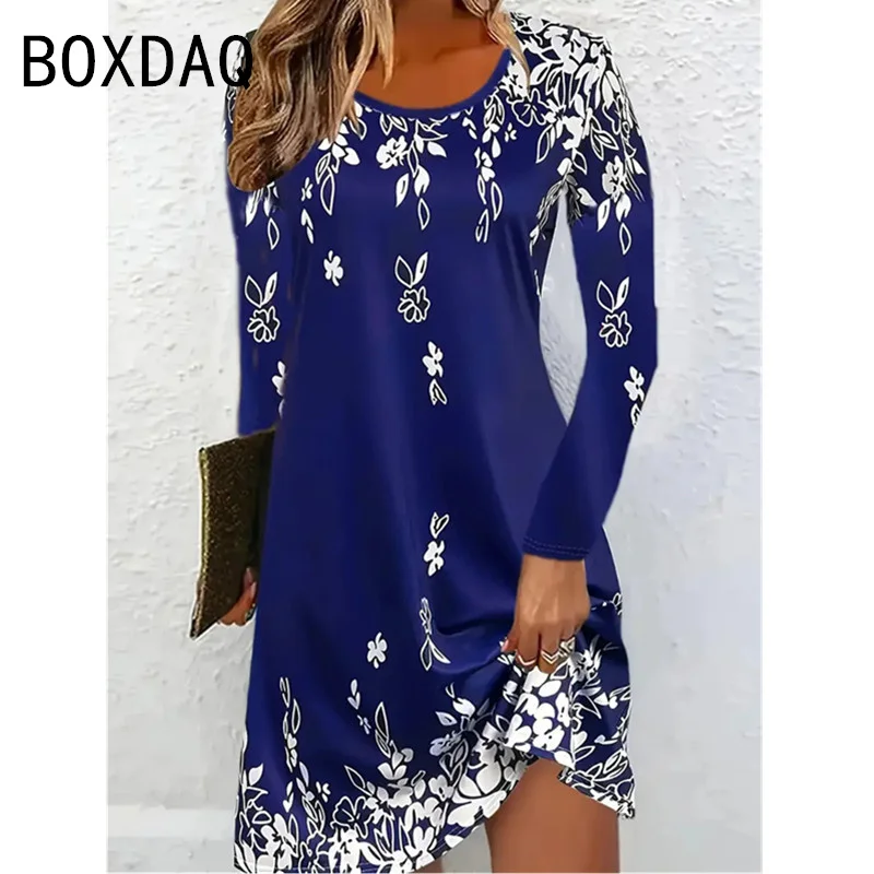 Women Autumn Winter Long Sleeve O-Neck A-Line Dress 3D Vintage Gradient Floral Printed Casual Drees 3XL Big Size Female Dresses