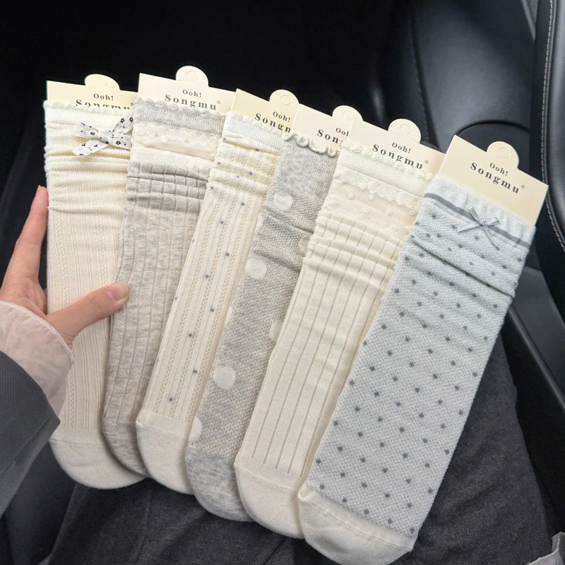 Delicate Lace Bow Polka Dot Ribbed Mid Calf Socks Women Soft Breathable Cotton Lolita Ballet Daily Dress  Cute Socks Kawaii