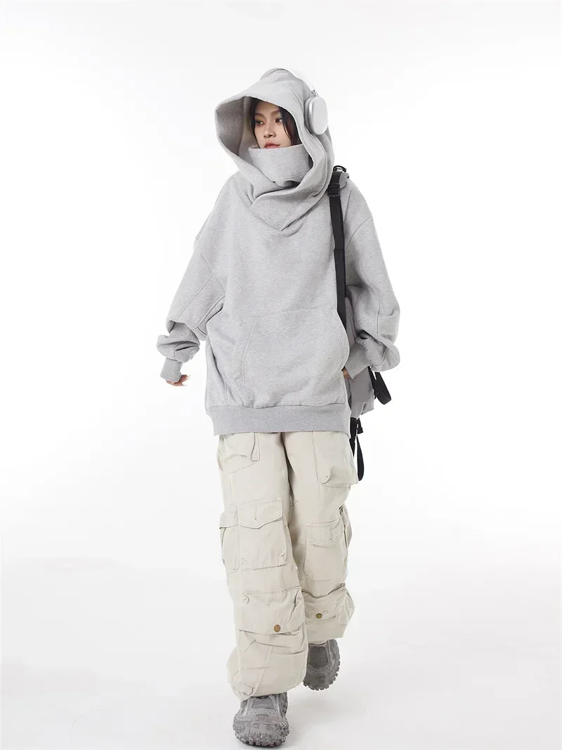 Herren Einfarbiger Ninja-Hoodie, Vintage Fleece-Gefütterter Sweatshirt, Japanischer Hip-Hop Streetwear Oversized Großer Kapuzenpullover – Detail 11