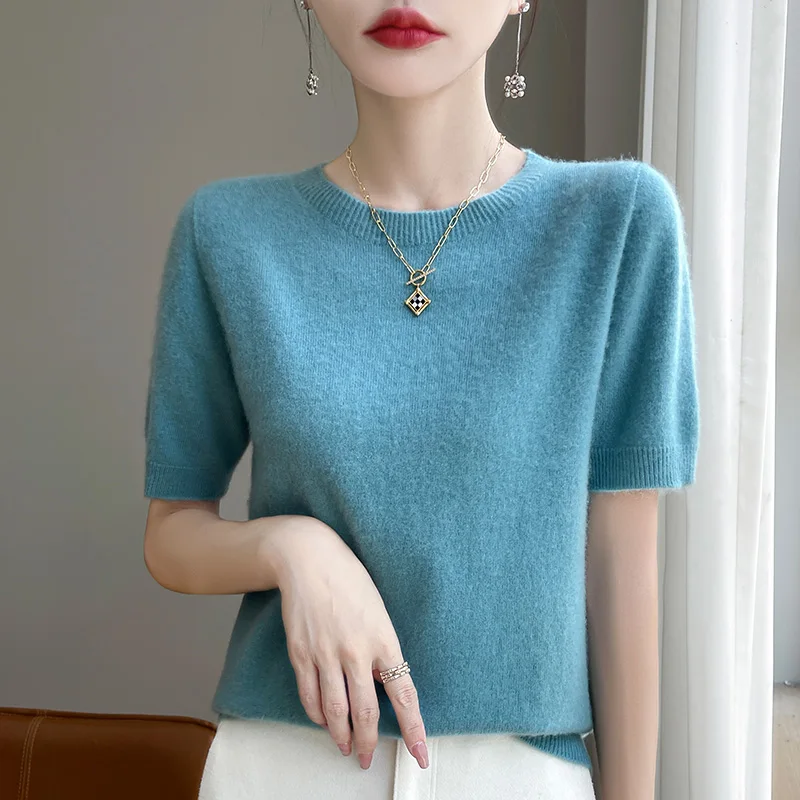 2025 Classic Seamless Cashmere Wool Pullover Fashion Short Sleeve Knitwear Sweater Round Neck Soft Warm Basic Clothing Tops
