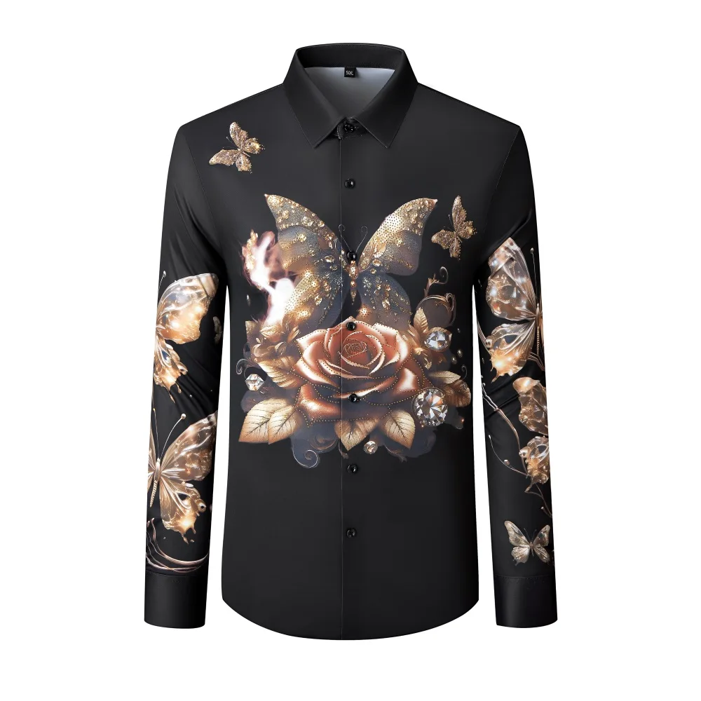 Luxury Rhinestone Flower Shirt for Men 2025 Autumn Long Sleeve Casual Shirts Comfortable Social Banquet Streetwear Dress Shirt