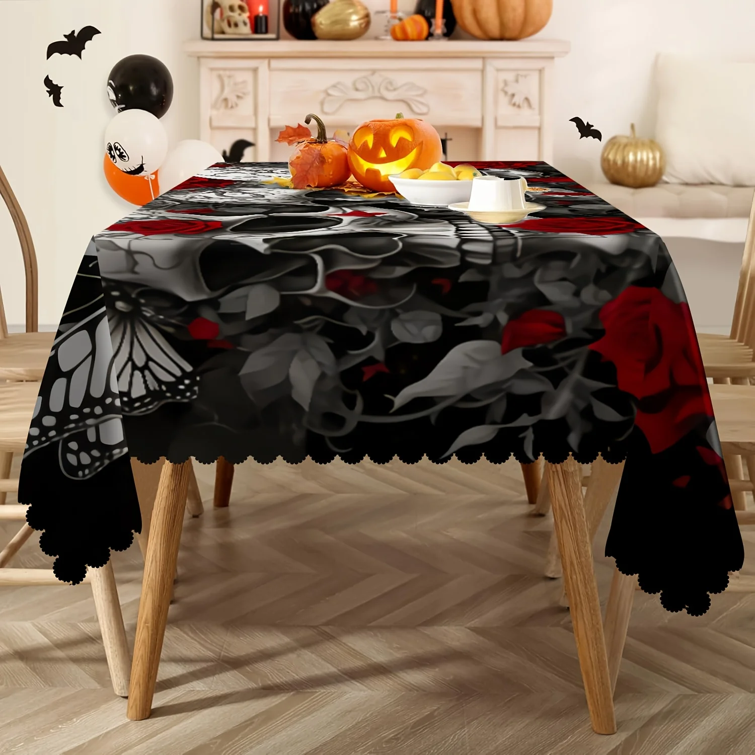 One Dia de los Muertos tablecloth - featuring red roses and skull patterns, made of 100% polyester fabric, rectangular shapezyc