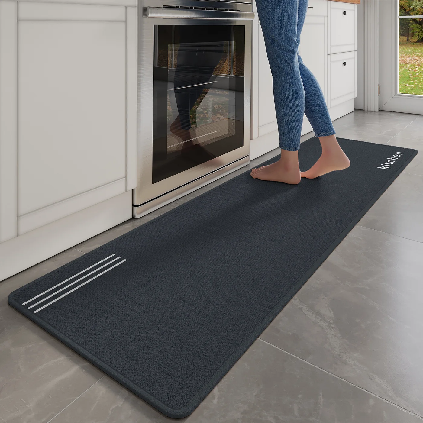 Oil & Water Absorbent Kitchen Mat, Striped Linen Texture Runner, Stain Resistant Easy Care Long Rug, Non-Slip Rubber Backing