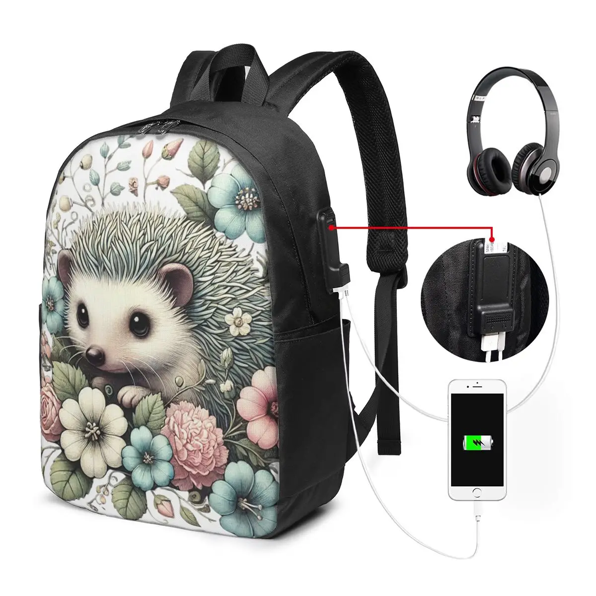 Hedgehog Floral Butterfly Realistic Art Backpack Travel Notebook Bag Computer College Student School Bag Laptop Shoulder Bags