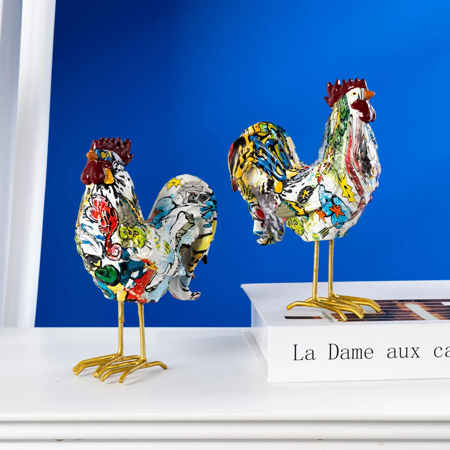 Art Graffiti  Creativity Modern Colorful Rooster Chicken Statue Wholesale Office Ornaments Printing Resin Dog Home Decor Crafts