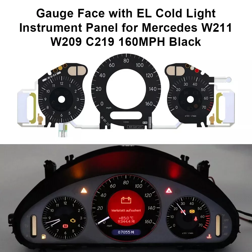 Gauge Face with EL Cold Light Overlay for Mercedes W211 E320 E350 E500 E55 E63 W209 C219 Instrument Cluster 160MPH White Black