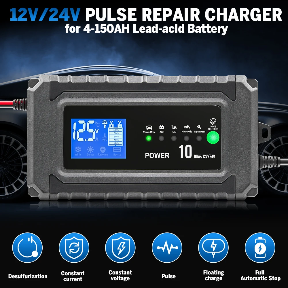 12V 24V Car Battery Charger 10A Pulse Repair Fast Charge For Car Motorcycle Truck Lead-acid lithium LCD Display Battery Charger