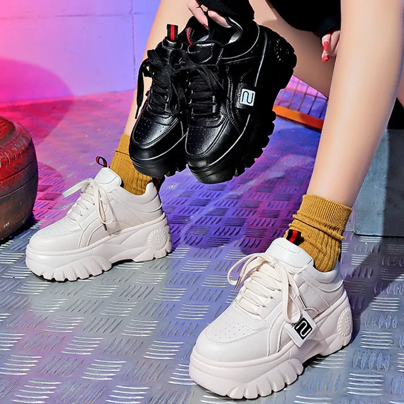 Pop Hight Increase Ulzzang Women Casual Shoes Gym Sports Sneakers Platform Wedges High Heels Flat Ladies Creepers Trainers