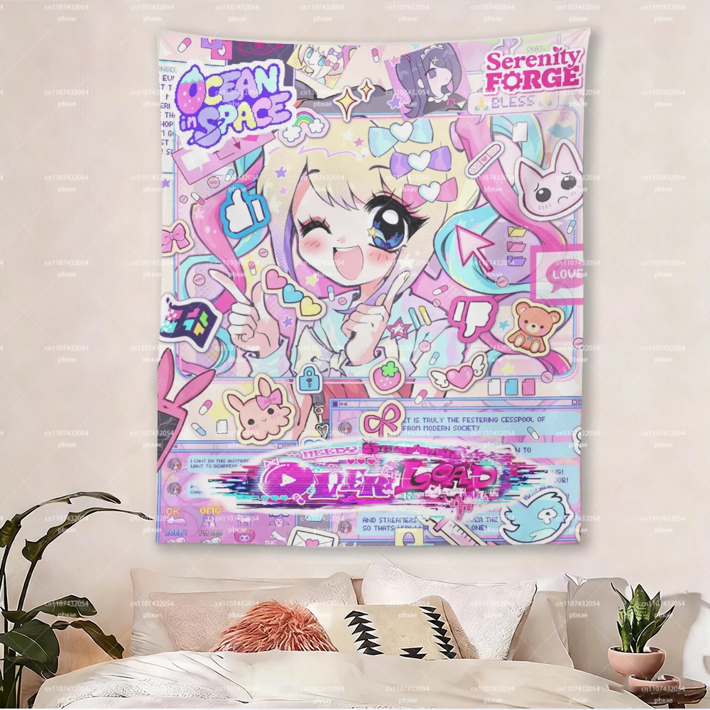 1PC Y2K Kawaii Anime Girl Tapestry, Glitch Cyber Cute Wall Hanging, Pink Pastel Aesthetic Room Decor for Bedroom Dorm