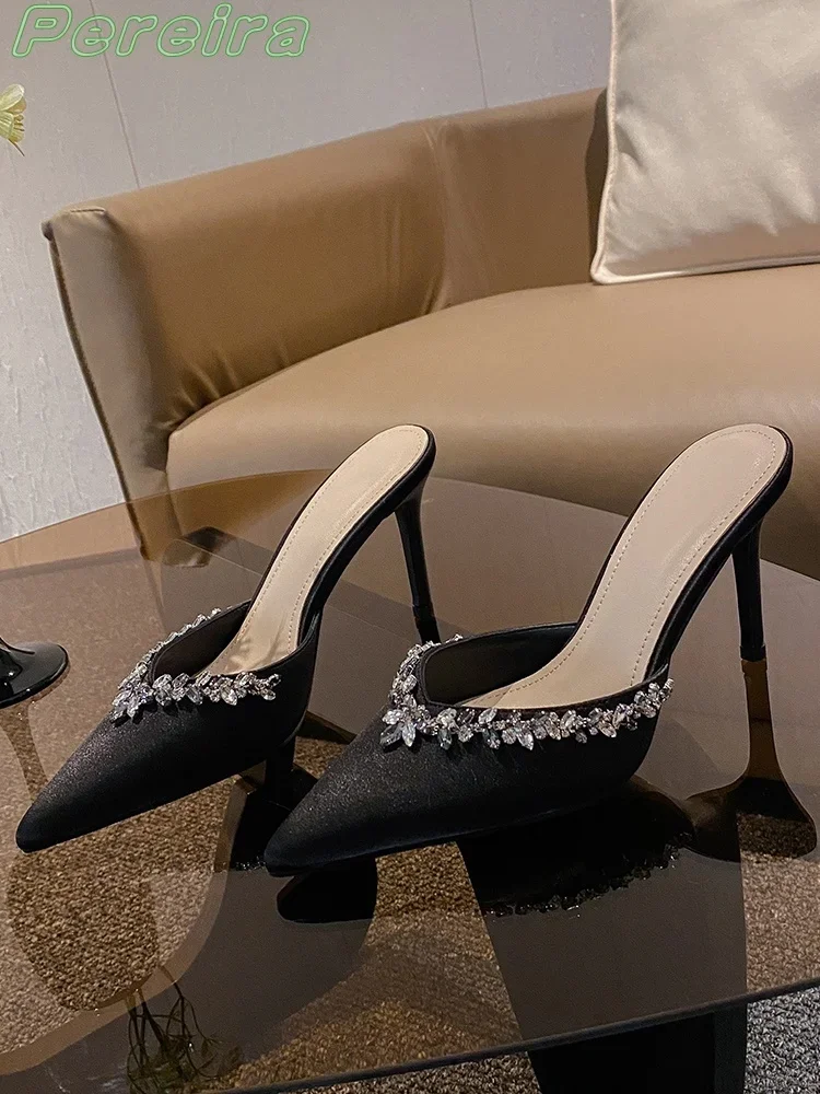 

Sexy Black Leaves Rhinestone Sandals Pointed Toe Stiletto High Heels Slingbacks Solid Women Outwear Fashion Slippers
