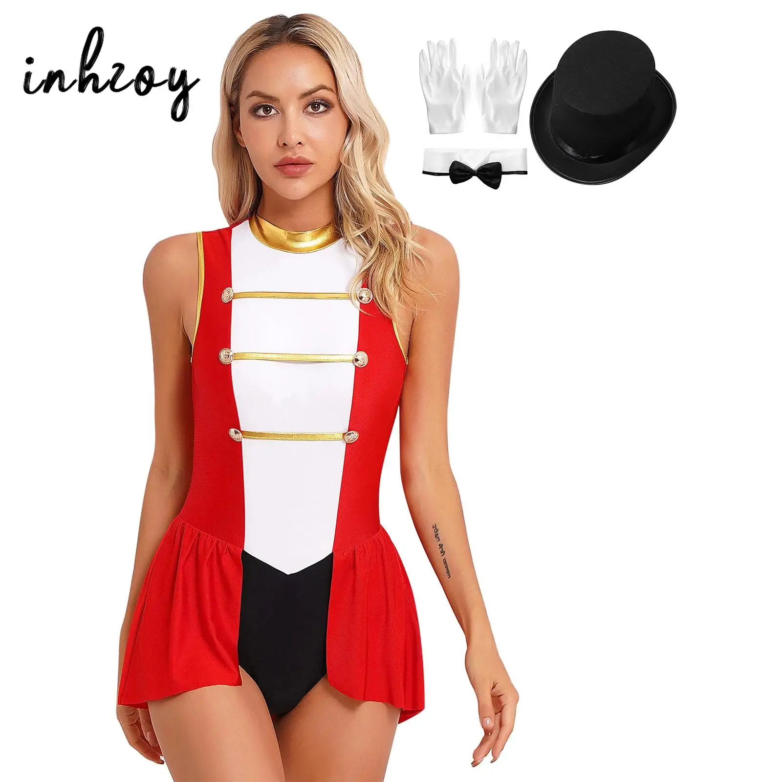 

Womens Circus Ringmaster Costume Jumpsuit Halloween Carnival Party Role Play Fancy Outfits Sleeveless Cutout Skirted Bodysuit