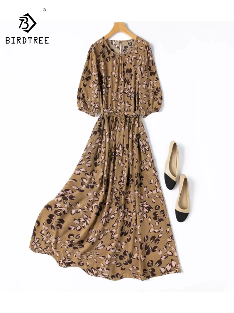 

BirdTree-100%Real Silk Double Crepe Elegant Dress, Puff Sleeve Print, Women Retro Vacation Loose Dresses, 2026 Summer D64061CC