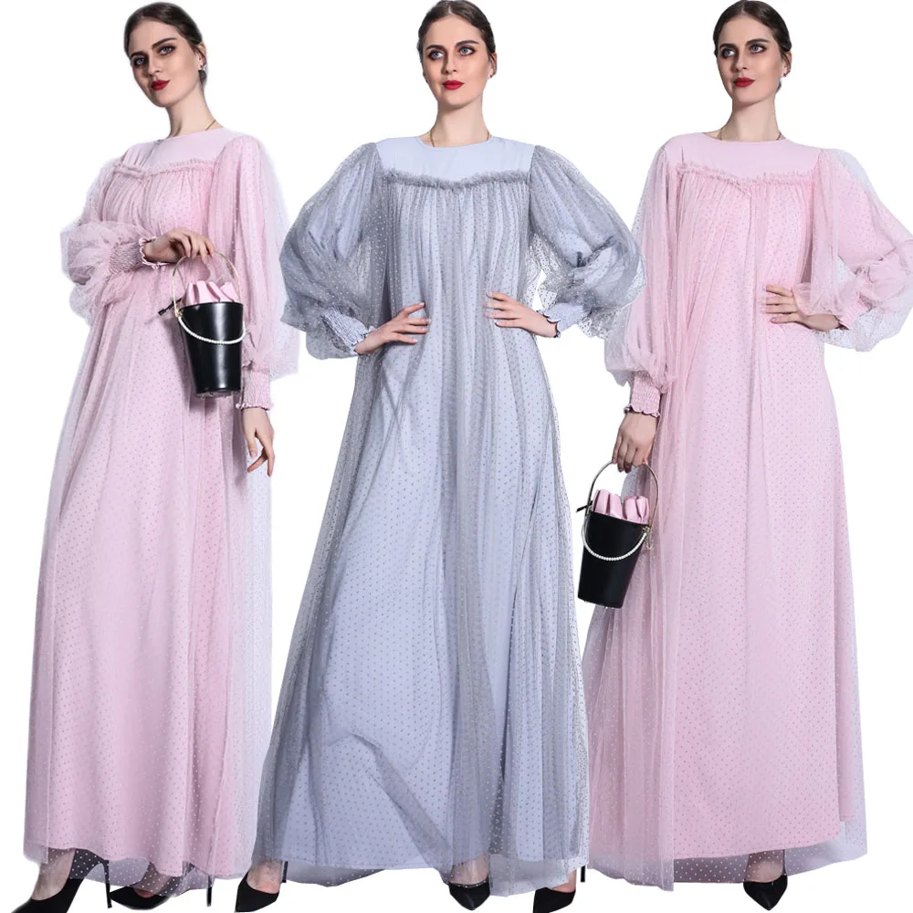 

Elegant Women Mesh Muslim Dress Puff Sleeve Islamic Clothing Arabic Abaya Party Wedding Gown Dubai Middle East Malaysia Fashion