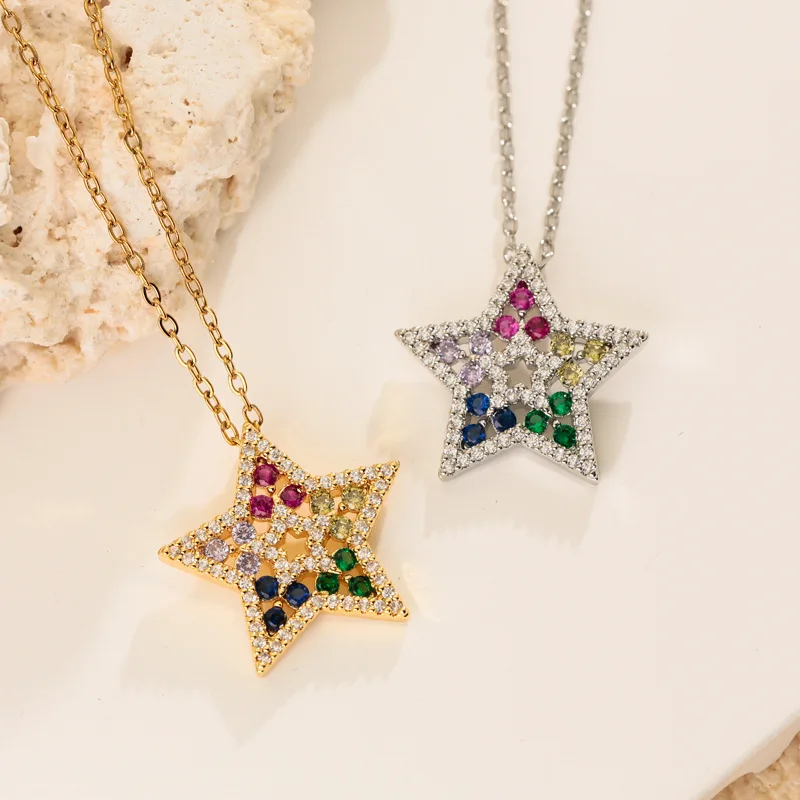 Product Fully Inlaid with Colorful Zirconium Hollow Texture Pentagram Pendant, Fashionable, Personalized and Trendy Accessory