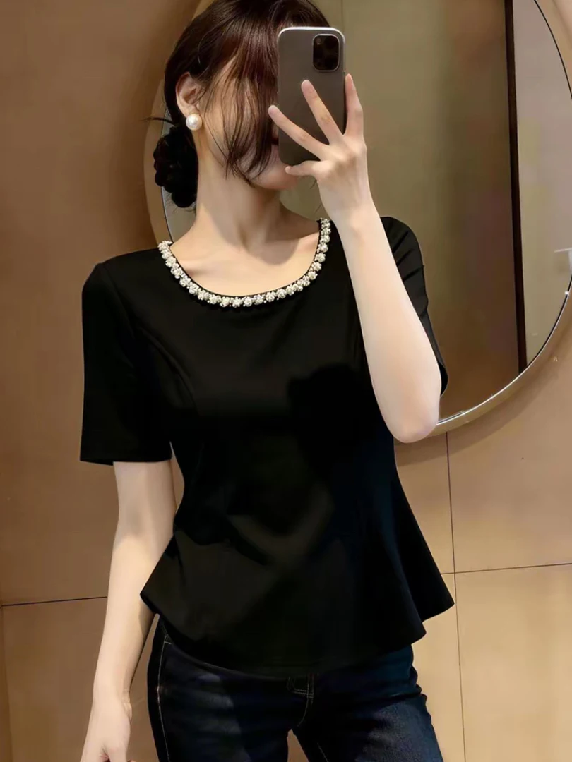 Heavy Embellished Black Short Sleeve T-Shirt Women's Summer plus Size Conceal Meat Slimming Little Fragrance Style Top
