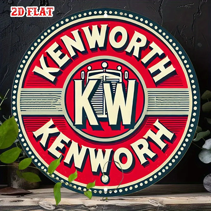 مسطح ثنائي الأبعاد، قطعة واحدة من علامة Kenworth KW المستديرة من الألومنيوم - لوحة فنية جدارية معدنية بشعار جريئة، ديكور ريفي على الطراز الكلاسيكي للمنزل، المرآب،