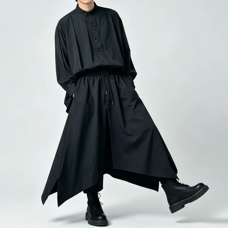 Men'S Casual Pants, Dark And Asymmetrical Design, Loose-Fitting, High-Waisted, Wide-Leg, Trendy Cropped Trousers