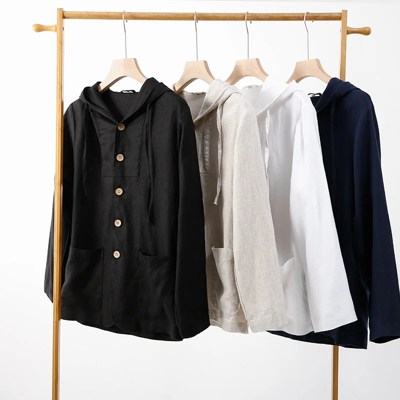 

Summer Mens Shirts Outdoor Sun Protection Breathable Tops Pure Linen Long Sleeve Shirt Man Casual Button Loose Hooded Overshirt