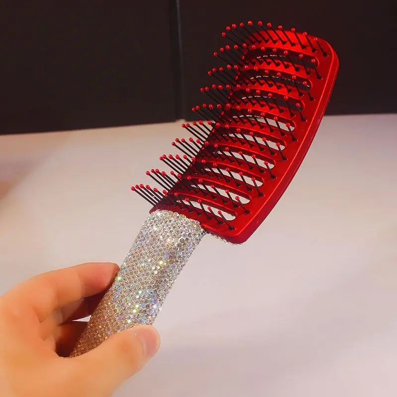 Diamond Studded Women's Straight Curved Hair With Bend And A Large Fluffy Hair, Men's Row Bone Styling Comb Blowing Oil Head