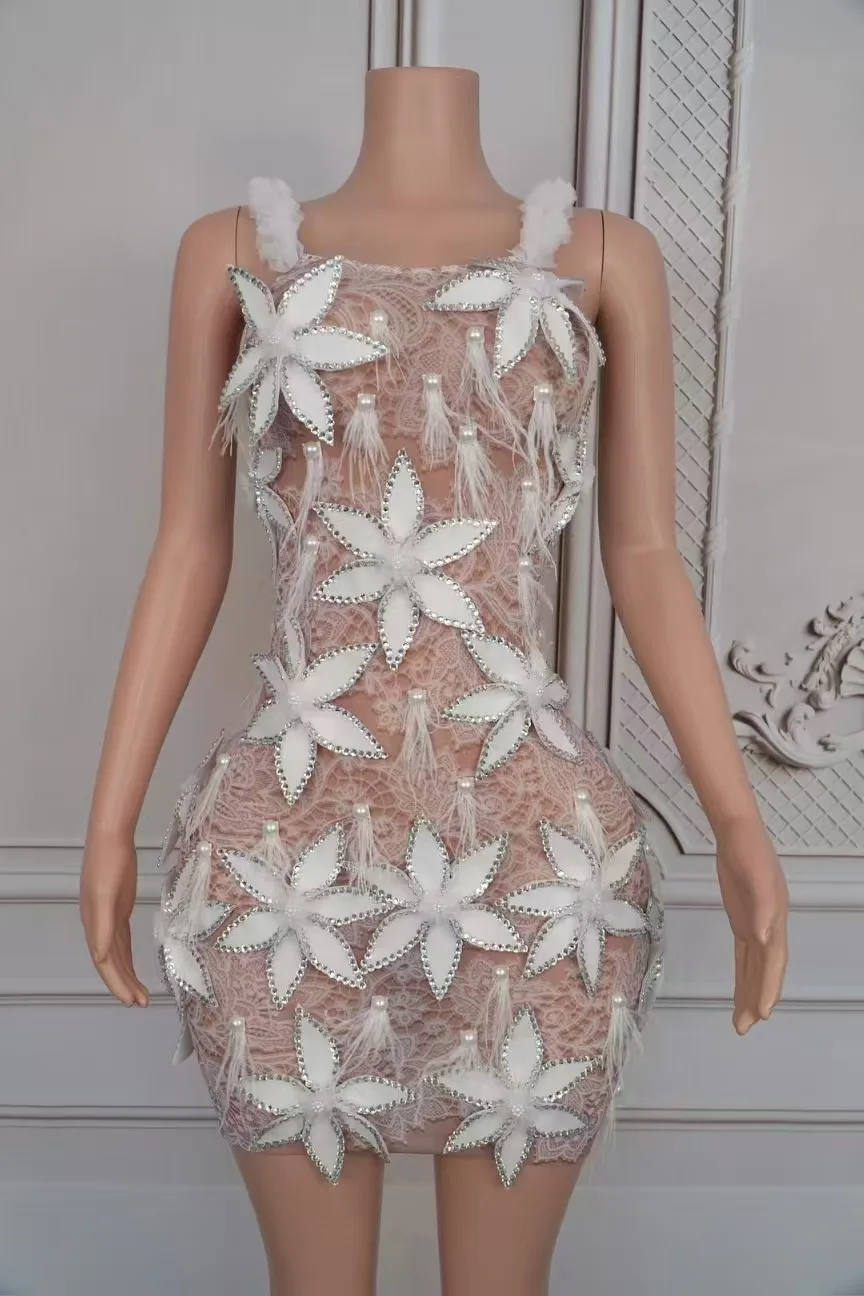 

Stage Straps See Through Mesh Slip Short DressFlowers Details Sleeveless Backless Mini BodyconCocktail Party Club Wear D257