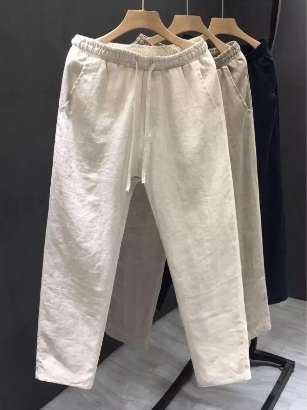 

Мужские летние тонкие дышащие брюки из хлопка и льна прямого кроя, свободные повседневные брюки-чинос для мужчин