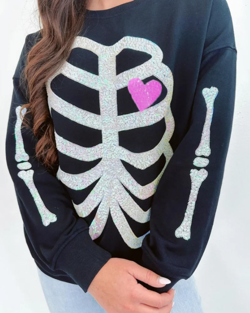 Women's Halloween Skeleton Glitter Top Long Sleeve Hoodie Hoodie Female