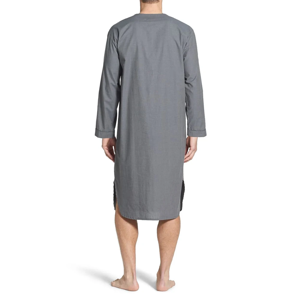 Chemise de nuit à manches longues et col en V pour hommes, pyjama confortable, vêtements de nuit en coton, chemise haute, vêtements d'intérieur décontractés, robe longue