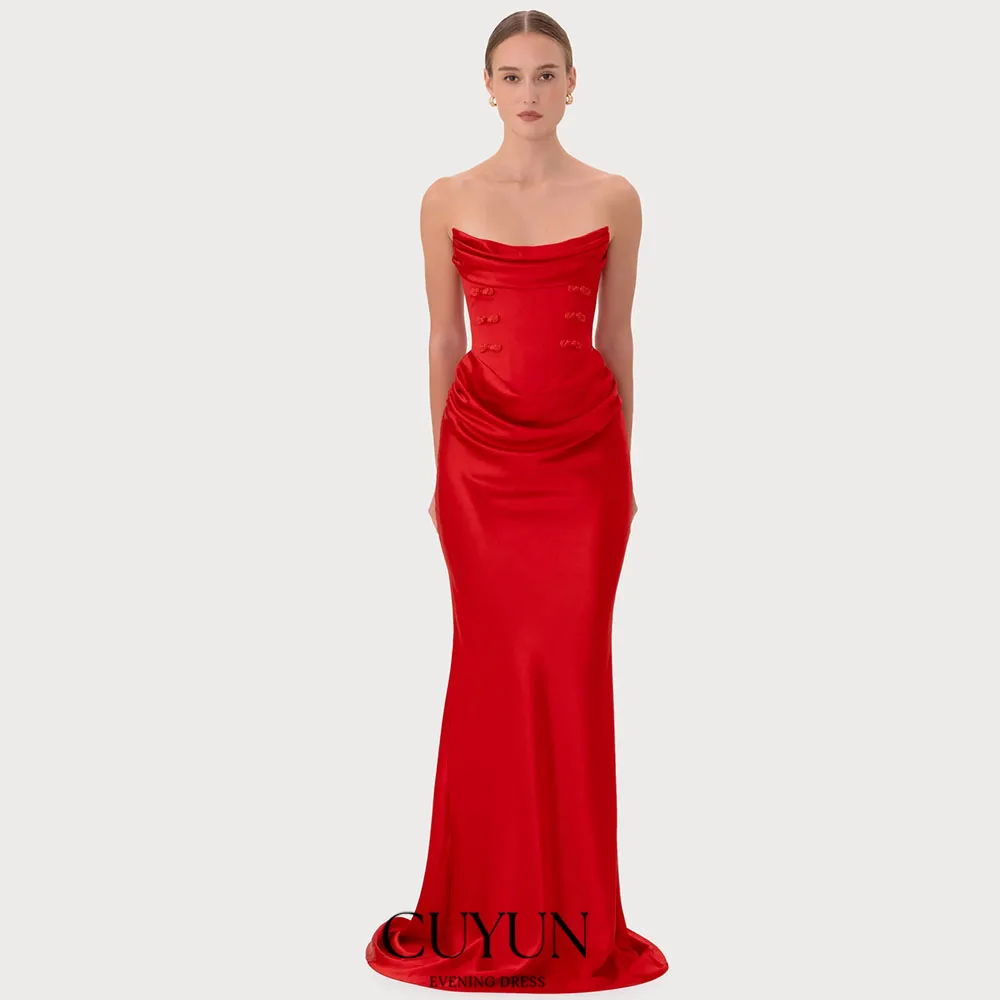 

CUYUN Customized Red Formal Evening Dresses Strapless Satin Frog Button Party Gown Floor-Length Sheath Formal Dresses