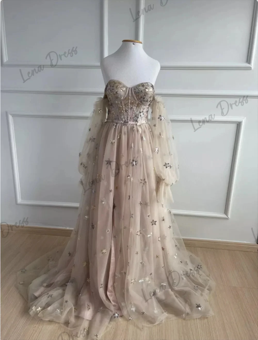 Lena-Bra cut party dress, champagne candy princess fairy tale, starry sky sheer party dress, 2024