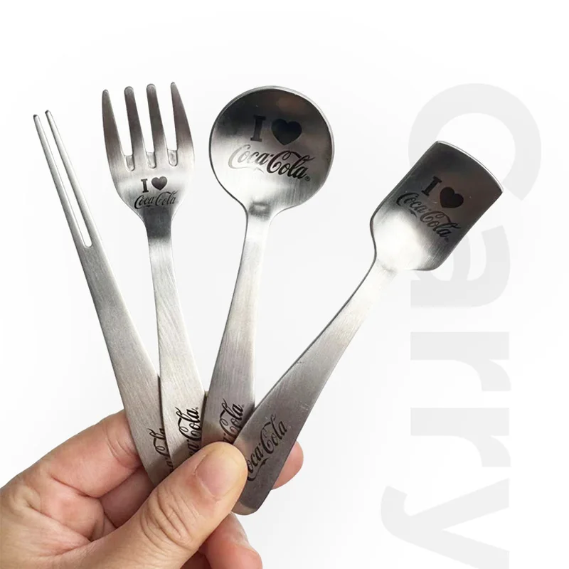 Coca-Cola 304 Stainless Steel 4-Piece Portable Cutlery Set Rust-proof Reusable Utensils for Outdoor Camping Office Lunch