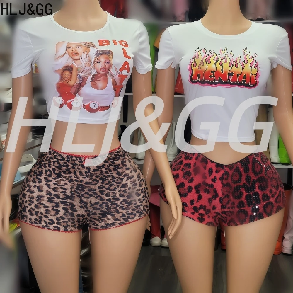 

HLJ&GG American Retro Fashion Letter Print Two Piece Sets Women Round Neck Short Sleeve Slim Crop Top And Sequin Shorts Outfits