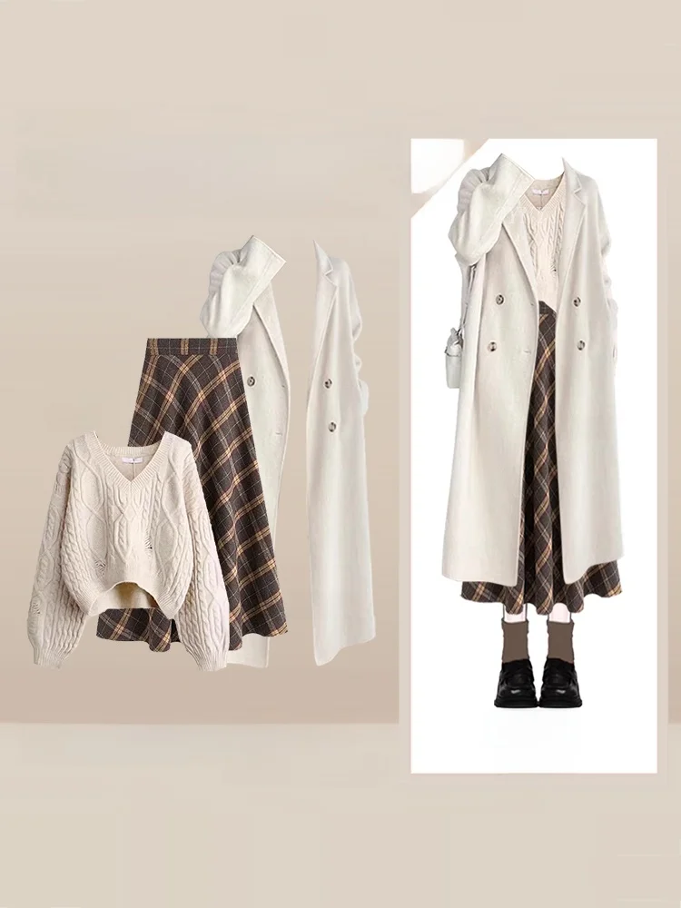 루즈 울 코트 티피스 세트 한국 스타일 가을 겨울 패션 독특하고 매력적인 스커트 앙상블 여성 의류