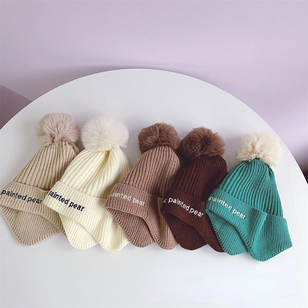 

New Autumn Winter Korea Knitted Ear Protection Hats for Children with Big Pompom Add Velvet Warm Wool Kids Caps for Boys Girls