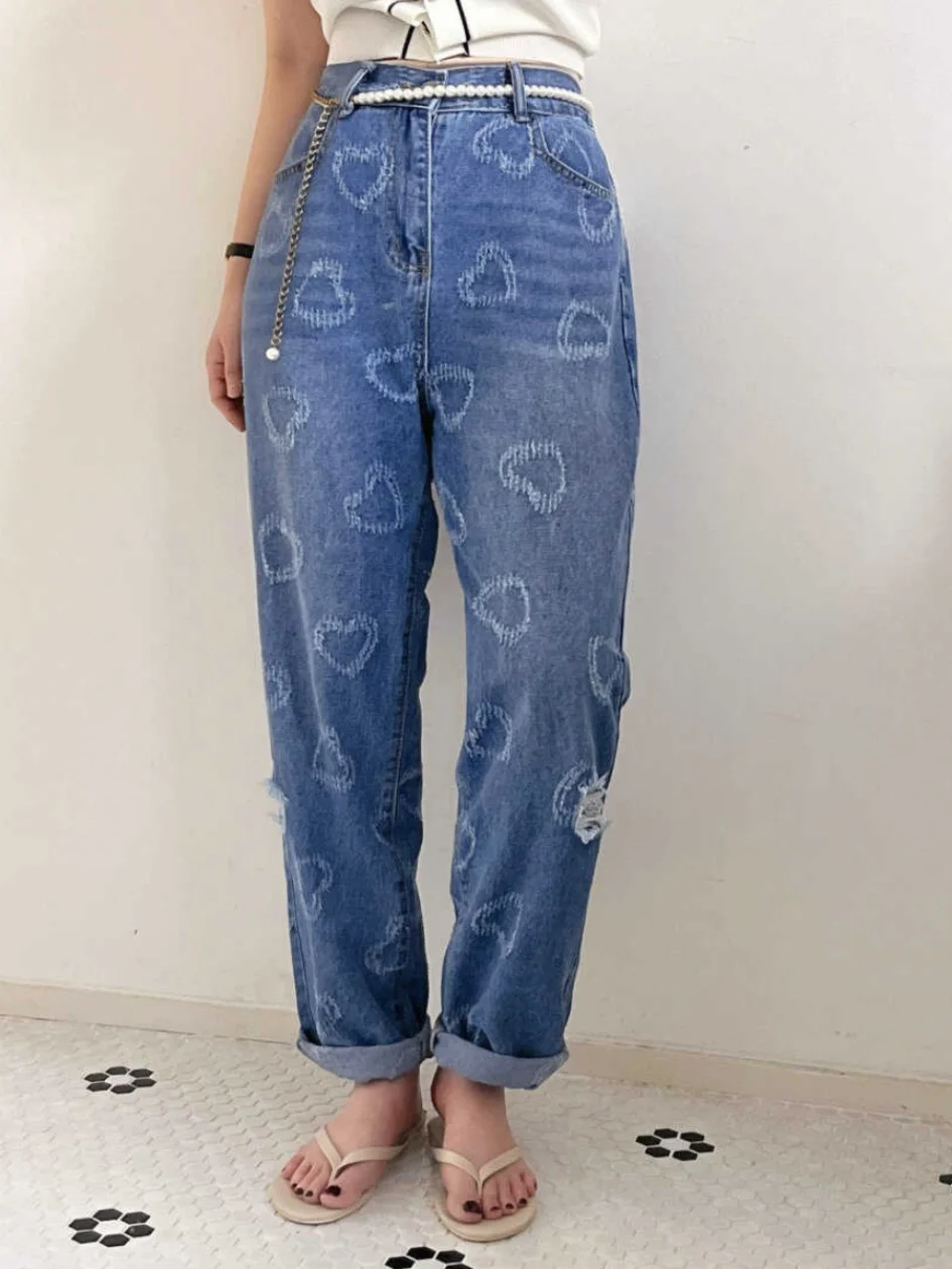 

Джинсы с высокой талией, широкими штанинами, повседневные, с узором «плавающее сердце», эластичные, износостойкие, застежка-молния, фасон «конус»