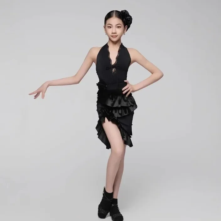 เด็กชุดเต้นรําละตินชุดสําหรับหญิงแขนกุดลูกไม้กระโปรง Cha-cha Samba เต้นรําบอลรูมการฝึกอบรมชุดเสื้อผ้า