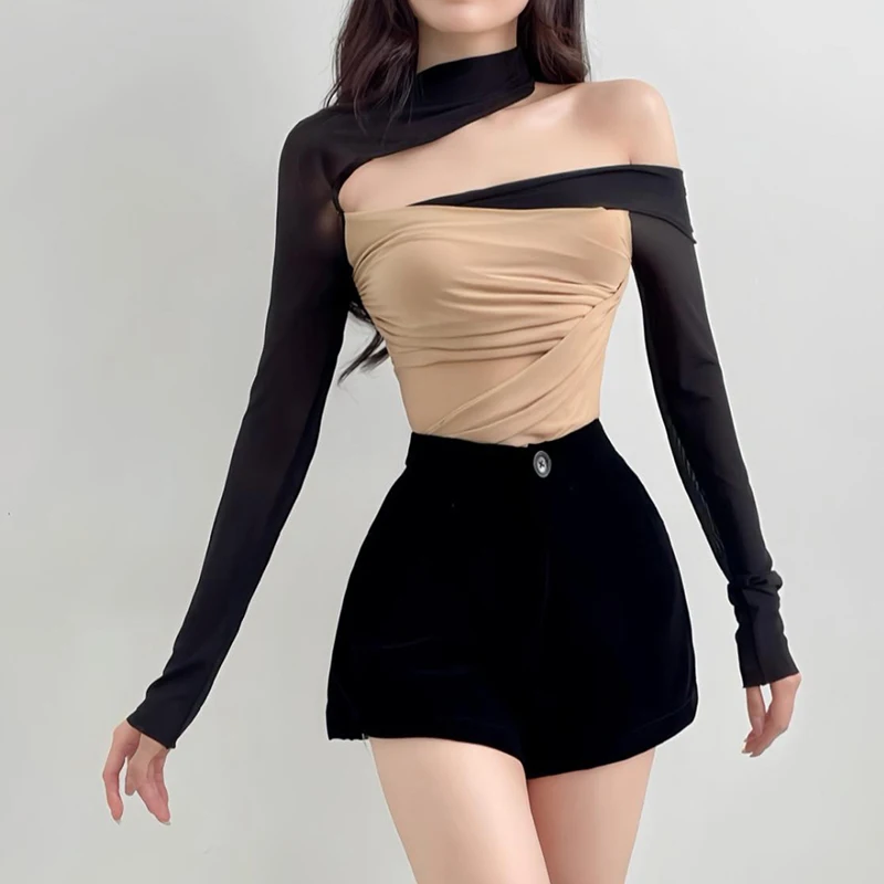 Elegant Retro Color Contrast Patchwork off-the-Shoulder Long Sleeve T-shirt Women's Design Sense Niche Slimming and Tight Sexy