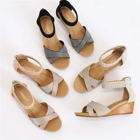 BEYARNE Damskor med vävda kilar Mode Nya Dragkedja Damsandaler Fiskmunn Casual Strandsandaler Gyllene Romerska Skor Sandaler B 10 best sales romerska sandaler för kvinnor - №6