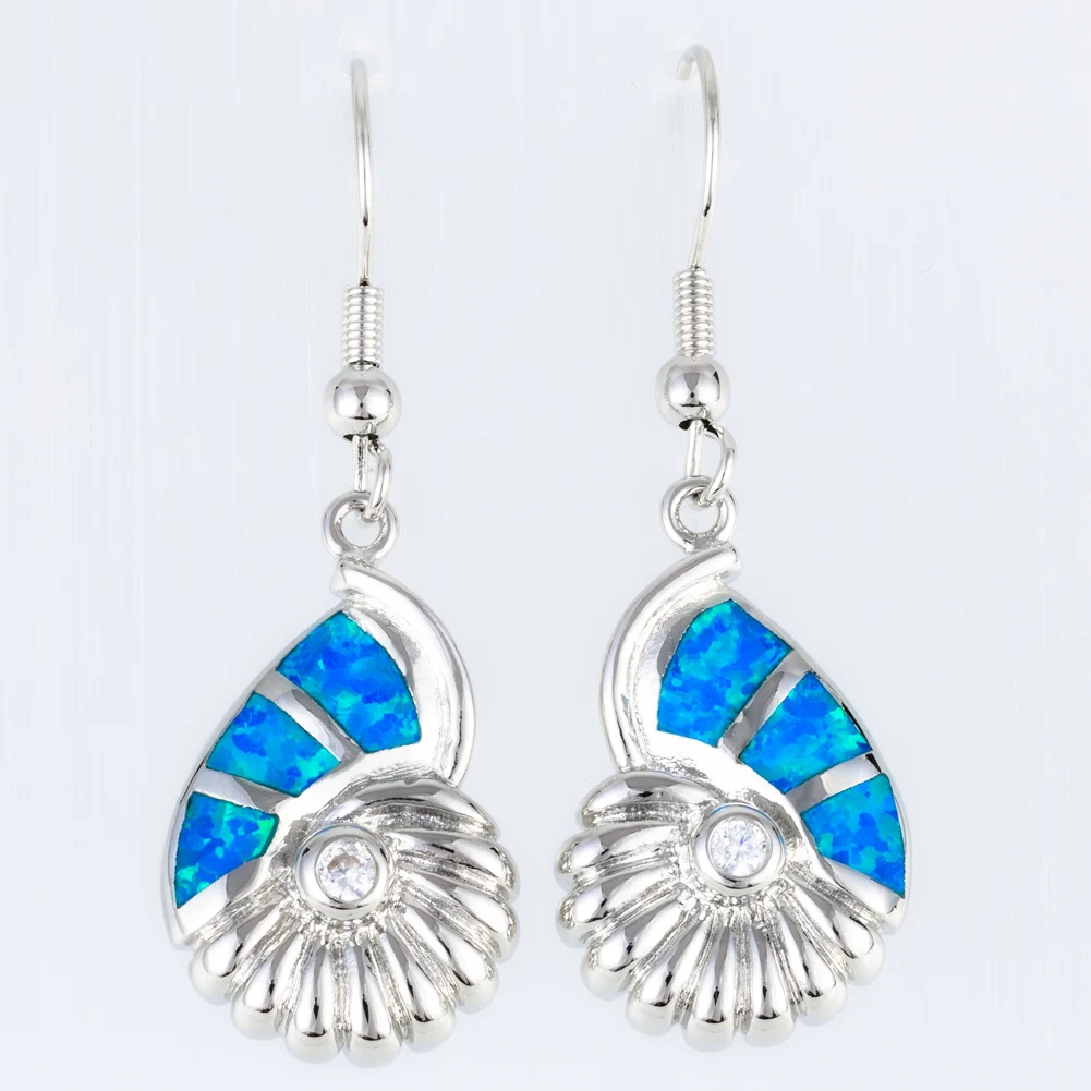 KONGMOON Nautil Seashell Ocean Blue Fire Opal CZ Jewelry for Women Dangle Drop Earrings