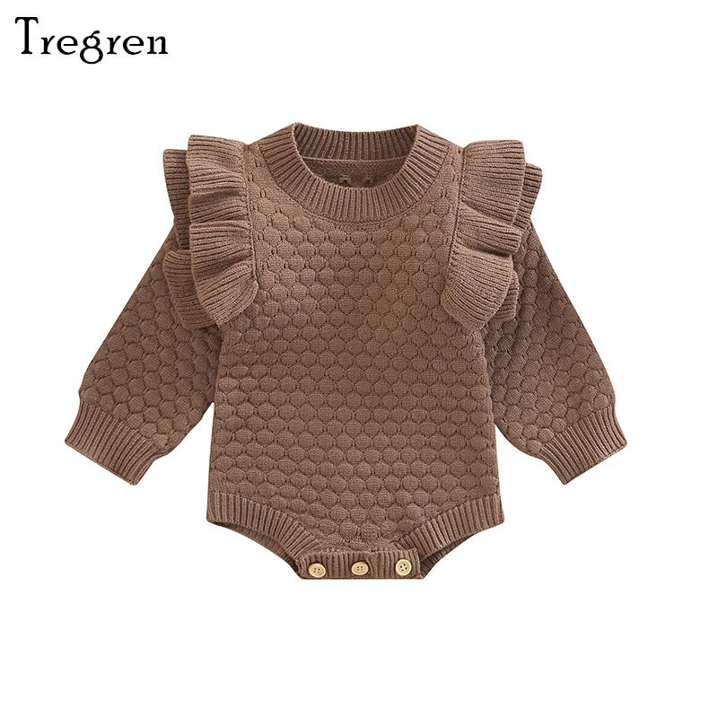 

Tregren 0-24M Newborn Baby Sweater Romper Infant Girl Ruffle Long Sleeve Round Collar Button Crotch Loose Fit Triangle Bodysuit